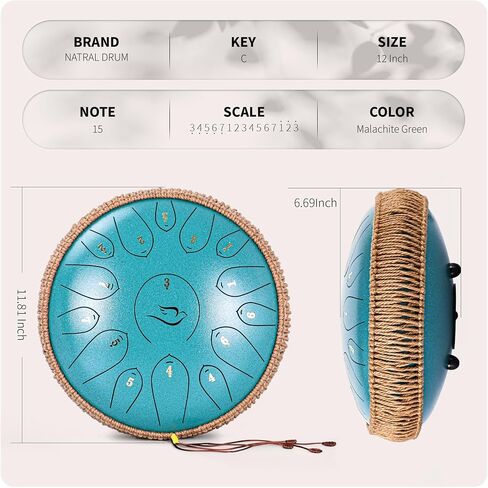 Steel Tongue Drum, 12 Inch 15 Note Tongue Drums, Handpan Drums Percussion Instrument for Kids & Adults, Hand Pan Drum with Music Book, Drum Mallets and Carry Bag, Major C (Malachite Green) in Saudi Arabia