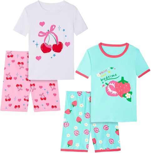 Girls Pajama Set, 4-Piece Cotton Pajamas Short Summer PJs Kids Sleepwear in Saudi Arabia