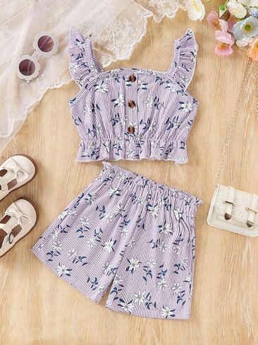 الأطفال الصغار الفتيات الفتيات الصيفية تصميم زر مخطط دبابة أعلى + شورتات مرنة الأزهار 2 قطعة in Kuwait