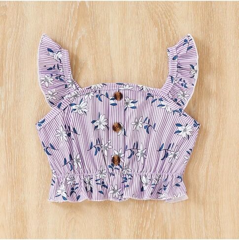 الأطفال الصغار الفتيات الفتيات الصيفية تصميم زر مخطط دبابة أعلى + شورتات مرنة الأزهار 2 قطعة in Kuwait