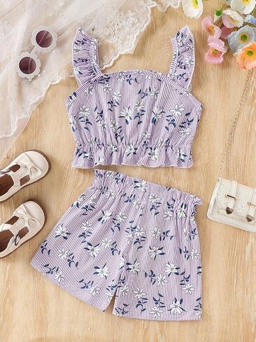 الأطفال الصغار الفتيات الفتيات الصيفية تصميم زر مخطط دبابة أعلى + شورتات مرنة الأزهار 2 قطعة in Kuwait