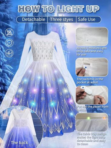 Light Up Princess Dress for Girls - Long Sleeve Halloween & Birthday Costume, Ages 3-9 in Saudi Arabia