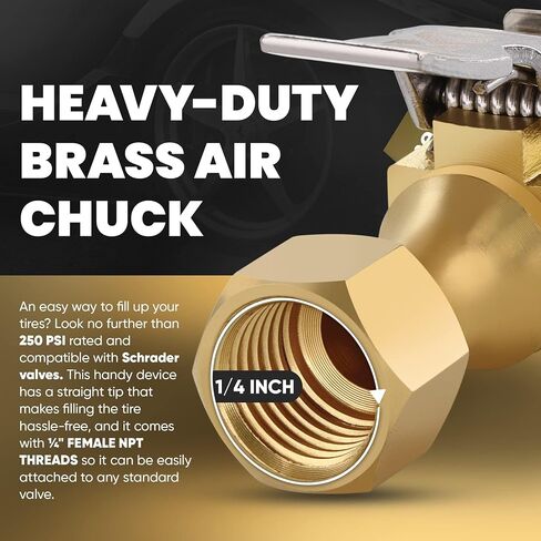 Air Chuck, Closed Flow Heavy-Duty Locking Tire Air Chuck, With Quick Connect, Solid Brass, 1/4 Inch Female NPT Thread, 250 PSI, Fits Most Air Hose, Air Inflators, - 2 in a Pack in Saudi Arabia