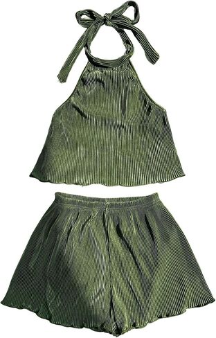 GORGLITTER Summer Outfits for Women 2 Piece Sets Crochet Textured Tie Back Halter Crop Top and Shorts Set in Saudi Arabia