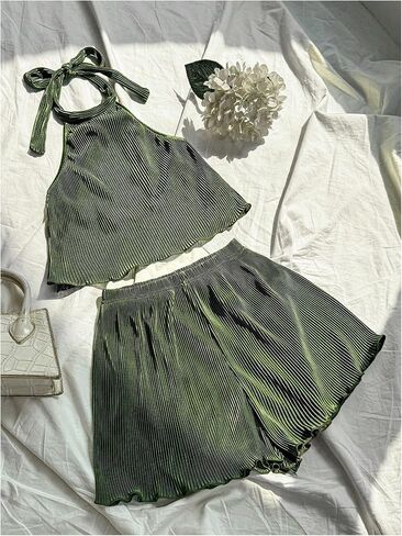 GORGLITTER Summer Outfits for Women 2 Piece Sets Crochet Textured Tie Back Halter Crop Top and Shorts Set in Saudi Arabia