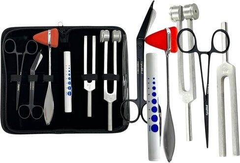 Neuro Diagnostics Examination Kit with Tuning Forks (128Hz & 512Hz) Taylor Reflex Hammer, Black 5.5" Lister Bandage Scissors, Black 5.5" Hemostats, Straight (6pcs Kit) in Saudi Arabia