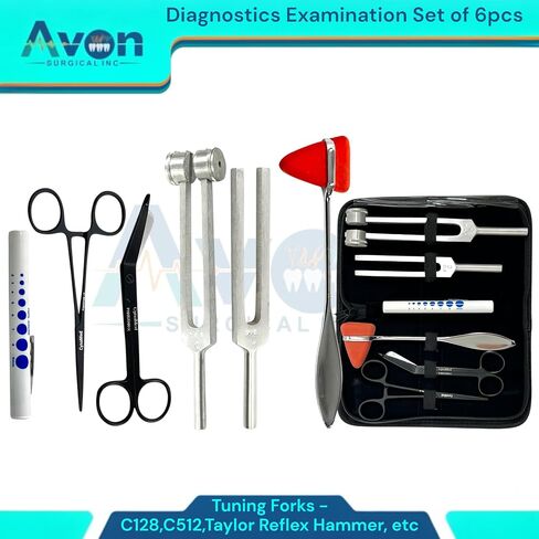 Neuro Diagnostics Examination Kit with Tuning Forks (128Hz & 512Hz) Taylor Reflex Hammer, Black 5.5" Lister Bandage Scissors, Black 5.5" Hemostats, Straight (6pcs Kit) in Saudi Arabia