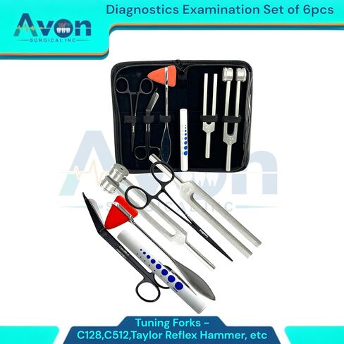 Neuro Diagnostics Examination Kit with Tuning Forks (128Hz & 512Hz) Taylor Reflex Hammer, Black 5.5" Lister Bandage Scissors, Black 5.5" Hemostats, Straight (6pcs Kit) in Saudi Arabia