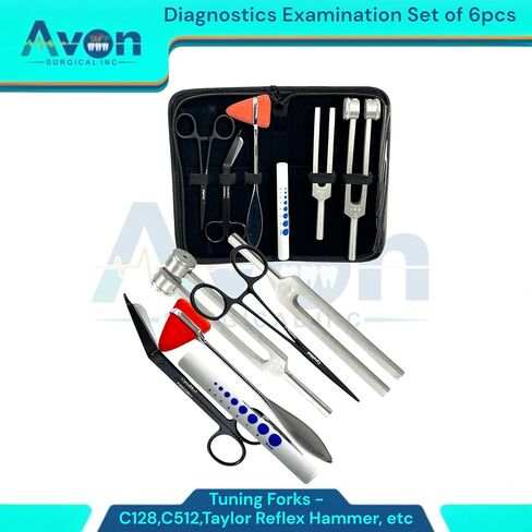 Neuro Diagnostics Examination Kit with Tuning Forks (128Hz & 512Hz) Taylor Reflex Hammer, Black 5.5" Lister Bandage Scissors, Black 5.5" Hemostats, Straight (6pcs Kit) in Saudi Arabia