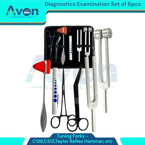 Neuro Diagnostics Examination Kit with Tuning Forks (128Hz & 512Hz) Taylor Reflex Hammer, Black 5.5" Lister Bandage Scissors, Black 5.5" Hemostats, Straight (6pcs Kit) in Saudi Arabia