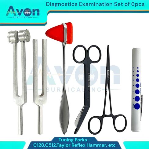 Neuro Diagnostics Examination Kit with Tuning Forks (128Hz & 512Hz) Taylor Reflex Hammer, Black 5.5" Lister Bandage Scissors, Black 5.5" Hemostats, Straight (6pcs Kit) in Saudi Arabia