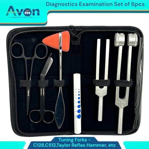 Neuro Diagnostics Examination Kit with Tuning Forks (128Hz & 512Hz) Taylor Reflex Hammer, Black 5.5" Lister Bandage Scissors, Black 5.5" Hemostats, Straight (6pcs Kit) in Saudi Arabia