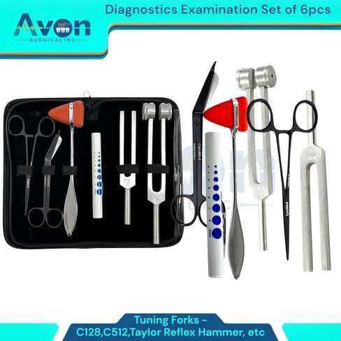 Neuro Diagnostics Examination Kit with Tuning Forks (128Hz & 512Hz) Taylor Reflex Hammer, Black 5.5" Lister Bandage Scissors, Black 5.5" Hemostats, Straight (6pcs Kit) in Saudi Arabia