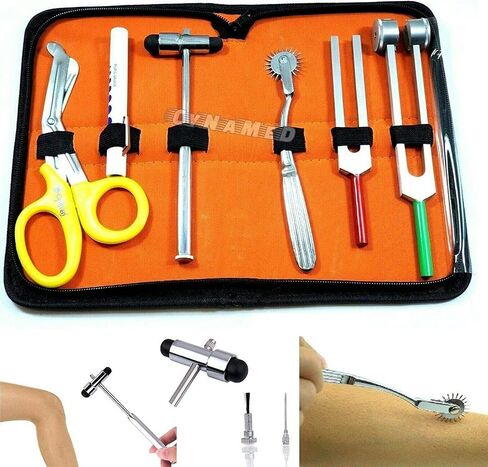 مجموعة تشخيص الطلاب- ردود الفعل مطرقة وضبط شوكة مجموعة C 128 و C 512 + Wartenberg Pinwheel Premium Steel Steel Scissor 7.5 "(مجموعة من 6 رد الفعل باك هامر صفراء مقص PenLigh) in Kuwait