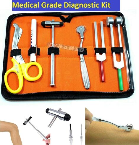 Student Diagnostic Kit- Reflex Hammer & Tuning Fork Set C 128 And C 512 + Wartenberg Pinwheel Premium Steel Bandage Scissor 7.5" (Set Of 6 Reflex Buck Hammer Yellow Scissor Penligh) in Saudi Arabia