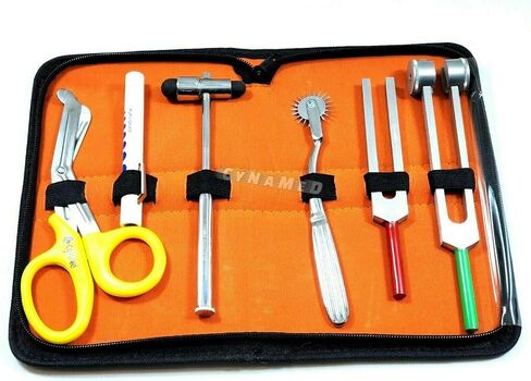 مجموعة تشخيص الطلاب- ردود الفعل مطرقة وضبط شوكة مجموعة C 128 و C 512 + Wartenberg Pinwheel Premium Steel Steel Scissor 7.5 "(مجموعة من 6 رد الفعل باك هامر صفراء مقص PenLigh) in Kuwait