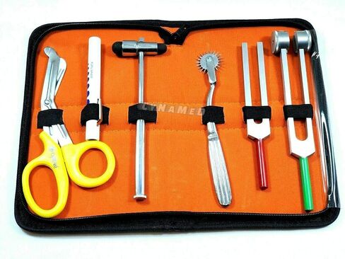 مجموعة تشخيص الطلاب- ردود الفعل مطرقة وضبط شوكة مجموعة C 128 و C 512 + Wartenberg Pinwheel Premium Steel Steel Scissor 7.5 "(مجموعة من 6 رد الفعل باك هامر صفراء مقص PenLigh) in Kuwait