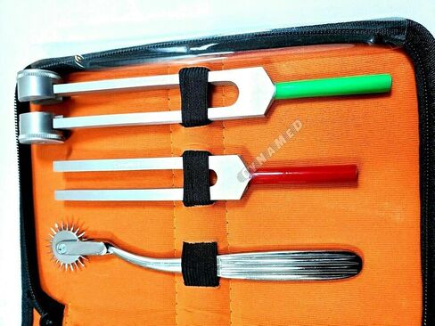 مجموعة تشخيص الطلاب- ردود الفعل مطرقة وضبط شوكة مجموعة C 128 و C 512 + Wartenberg Pinwheel Premium Steel Steel Scissor 7.5 "(مجموعة من 6 رد الفعل باك هامر صفراء مقص PenLigh) in Kuwait