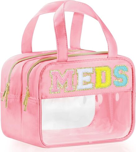 Chenille Letter Clear Medicine Bags, Makeup Bag for Travel, Preppy Patch Nylon Cosmetic Meds Pouch with Handles and Zipper, Waterproof Large Clear Travel Toiletry Purse Storage for Women Green in Kuwait