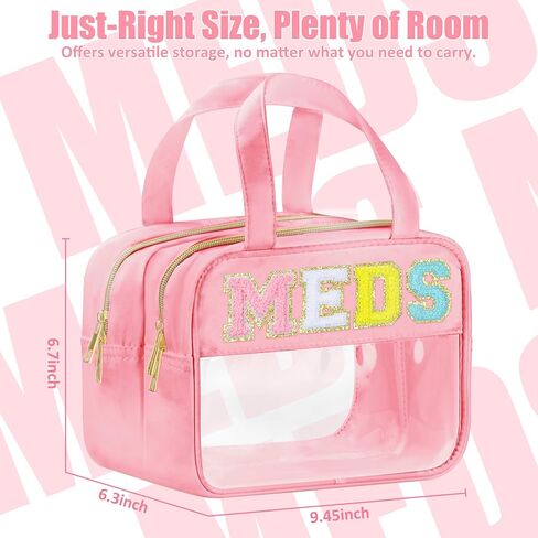 Chenille Letter Clear Medicine Bags, Makeup Bag for Travel, Preppy Patch Nylon Cosmetic Meds Pouch with Handles and Zipper, Waterproof Large Clear Travel Toiletry Purse Storage for Women Green in Kuwait