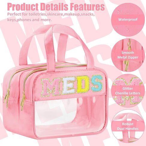 Chenille Letter Clear Medicine Bags, Makeup Bag for Travel, Preppy Patch Nylon Cosmetic Meds Pouch with Handles and Zipper, Waterproof Large Clear Travel Toiletry Purse Storage for Women Green in Kuwait