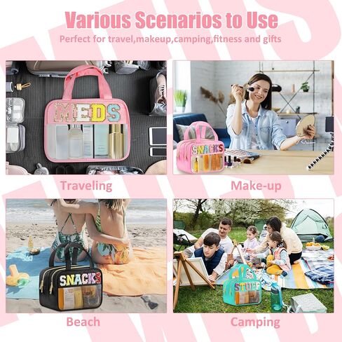 Chenille Letter Clear Medicine Bags, Makeup Bag for Travel, Preppy Patch Nylon Cosmetic Meds Pouch with Handles and Zipper, Waterproof Large Clear Travel Toiletry Purse Storage for Women Green in Kuwait