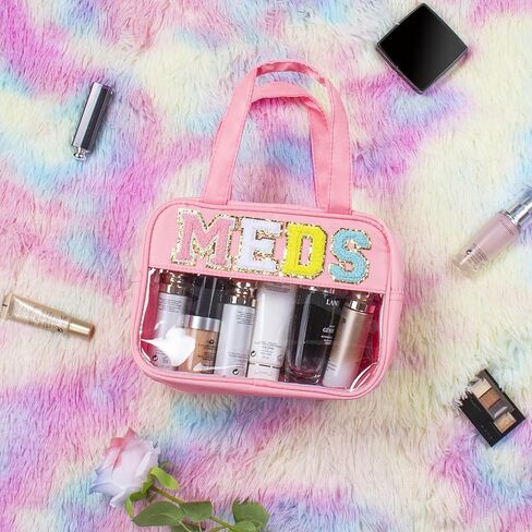 Chenille Letter Clear Medicine Bags, Makeup Bag for Travel, Preppy Patch Nylon Cosmetic Meds Pouch with Handles and Zipper, Waterproof Large Clear Travel Toiletry Purse Storage for Women Green in Kuwait