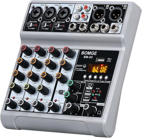 BOMGE Audio Mixer, Sound Board Mixing Console with 5 Channel Digital USB Bluetooth Echo Delay Effect, 48V Phantom Power Stereo DJ Mixers for Recording, Live Streaming, Podcasting (BM-05 5 canales) in Saudi Arabia