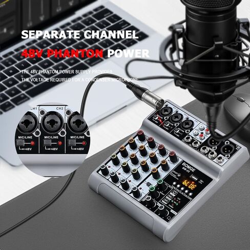 BOMGE Audio Mixer, Sound Board Mixing Console with 5 Channel Digital USB Bluetooth Echo Delay Effect, 48V Phantom Power Stereo DJ Mixers for Recording, Live Streaming, Podcasting (BM-05 5 canales) in Saudi Arabia