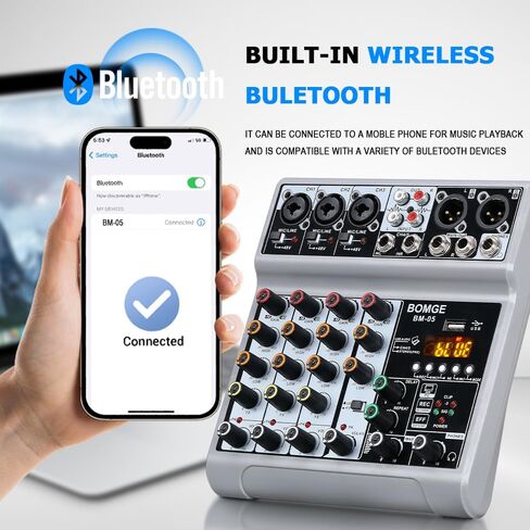 BOMGE Audio Mixer, Sound Board Mixing Console with 5 Channel Digital USB Bluetooth Echo Delay Effect, 48V Phantom Power Stereo DJ Mixers for Recording, Live Streaming, Podcasting (BM-05 5 canales) in Saudi Arabia