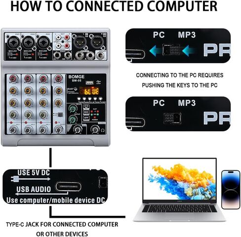 BOMGE Audio Mixer, Sound Board Mixing Console with 5 Channel Digital USB Bluetooth Echo Delay Effect, 48V Phantom Power Stereo DJ Mixers for Recording, Live Streaming, Podcasting (BM-05 5 canales) in Saudi Arabia