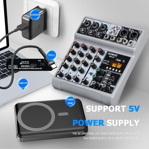 BOMGE Audio Mixer, Sound Board Mixing Console with 5 Channel Digital USB Bluetooth Echo Delay Effect, 48V Phantom Power Stereo DJ Mixers for Recording, Live Streaming, Podcasting (BM-05 5 canales) in Saudi Arabia