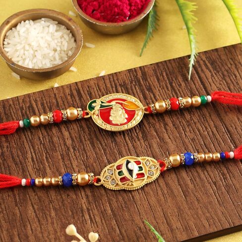 مجموعة من 2 Rakhi for Brother - Premium Evil Eye & Elephant Rakhi Combo with Raksha Bandhan Greeting Card & Roli Chawal | Rakhi لـ Bhaiya & Ksmall Brother | خيط راخي من الأخت in Kuwait