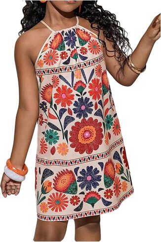 Girl's Tropical Floral Sleeveless Halter Dresses Sleeveless Vacation Holiday Short Cami Dress in Saudi Arabia