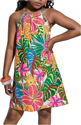 Girl's Tropical Floral Sleeveless Halter Dresses Sleeveless Vacation Holiday Short Cami Dress in Saudi Arabia