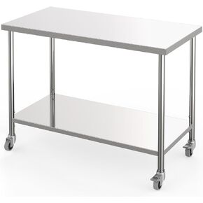 2 Tier Stainless Steel Prep Table with Casters, 48x24 Inch NSF Heavy Duty Metal Kitchen Work Table with Adjustable Shelf, Food Prep Worktable for Home Restaurants in Saudi Arabia
