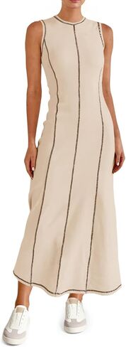 Wenrine Womens Sleeveless T Shirt Dress Summer Contrast Stitch Ribbed Knit Tank Maxi Dresses in Saudi Arabia