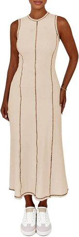Wenrine Womens Sleeveless T Shirt Dress Summer Contrast Stitch Ribbed Knit Tank Maxi Dresses in Saudi Arabia