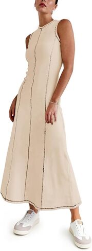 Wenrine Womens Sleeveless T Shirt Dress Summer Contrast Stitch Ribbed Knit Tank Maxi Dresses in Saudi Arabia