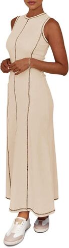 Wenrine Womens Sleeveless T Shirt Dress Summer Contrast Stitch Ribbed Knit Tank Maxi Dresses in Saudi Arabia