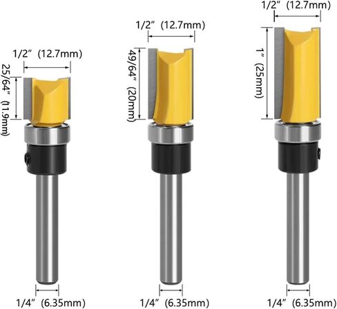 3PCS 1/4" 6mm Shank Flush Trim Router Bit Blade Template Pattern Bit Bearing 1/2" Straight End Mill for Woodworking(6X12.7X38mm) in Saudi Arabia