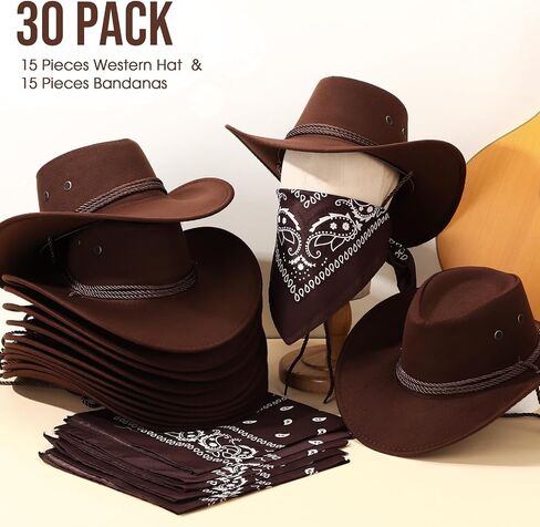 Coume 30 Pieces Western Cowboy Hat Costume Accessories Paisley Bandanna Set Cowgirl Hats Bulk for Women Men Dress Party in Saudi Arabia