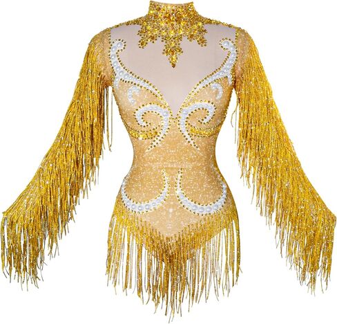Tyian Sexy Sparkly Diamante Pearl Long Sleeves Fringe Women Bodysuit Team Performance Dance Club Pole Dance Drag Queen Outfit (pink) in Saudi Arabia