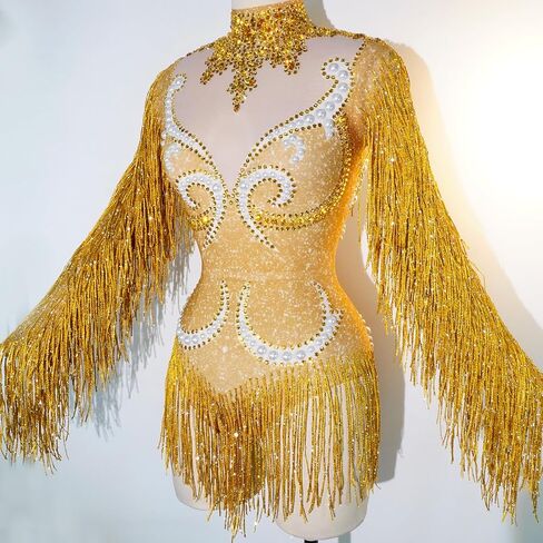 Tyian Sexy Sparkly Diamante Pearl Long Sleeves Fringe Women Bodysuit Team Performance Dance Club Pole Dance Drag Queen Outfit (pink) in Saudi Arabia