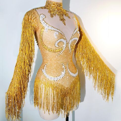 Tyian Sexy Sparkly Diamante Pearl Long Sleeves Fringe Women Bodysuit Team Performance Dance Club Pole Dance Drag Queen Outfit (pink) in Saudi Arabia