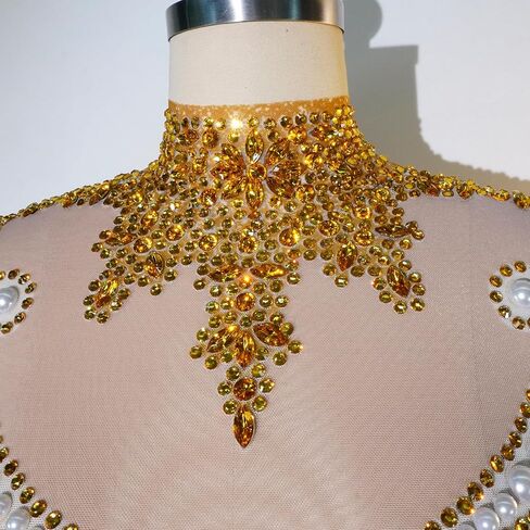 Tyian Sexy Sparkly Diamante Pearl Long Sleeves Fringe Women Bodysuit Team Performance Dance Club Pole Dance Drag Queen Outfit (pink) in Saudi Arabia