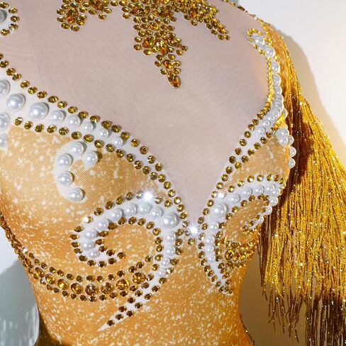 Tyian Sexy Sparkly Diamante Pearl Long Sleeves Fringe Women Bodysuit Team Performance Dance Club Pole Dance Drag Queen Outfit (pink) in Saudi Arabia