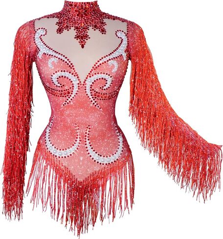 Tyian Sexy Sparkly Diamante Pearl Long Sleeves Fringe Women Bodysuit Performance Dance Club Pole Dance Drag Queen (Pink) in Saudi Arabia