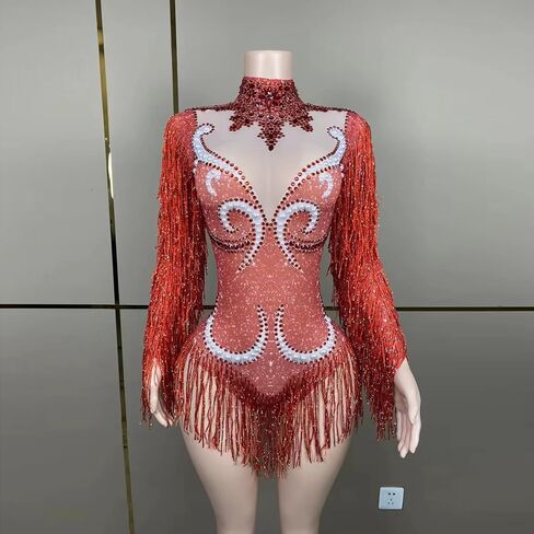 Tyian Sexy Sparkly Diamante Pearl Long Sleeves Fringe Women Bodysuit Performance Dance Club Pole Dance Drag Queen (Pink) in Saudi Arabia