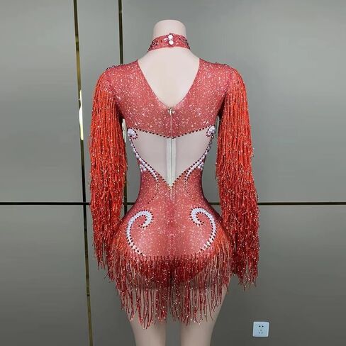 Tyian Sexy Sparkly Diamante Pearl Long Sleeves Fringe Women Bodysuit Performance Dance Club Pole Dance Drag Queen (Pink) in Saudi Arabia
